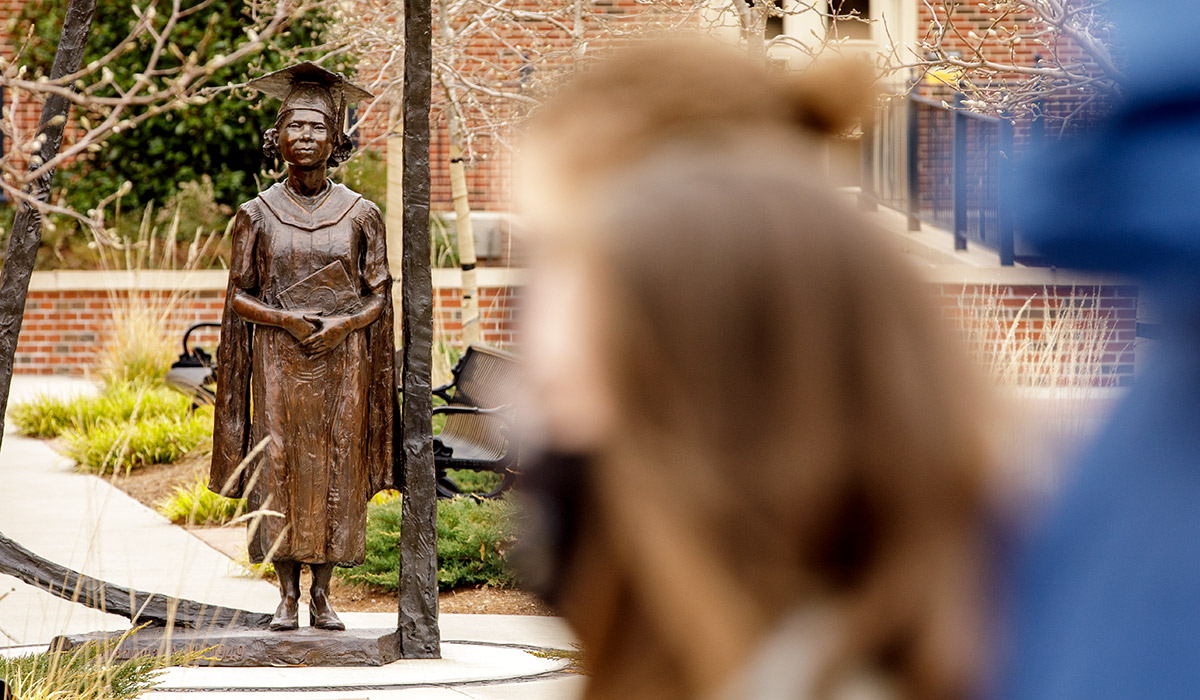 Nancy Randolph Davis statue outside the renamed NRD building