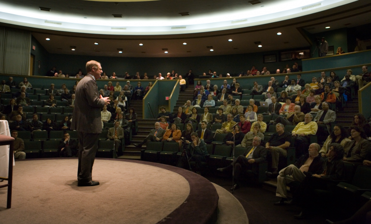 Hargis in front of students in Little theatre