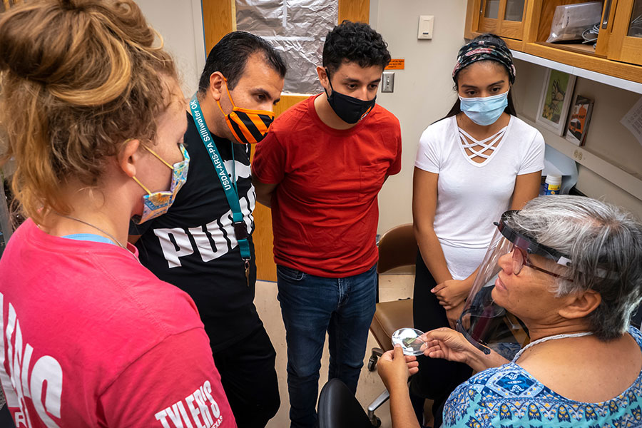 Students listening to professor in entomology lab.